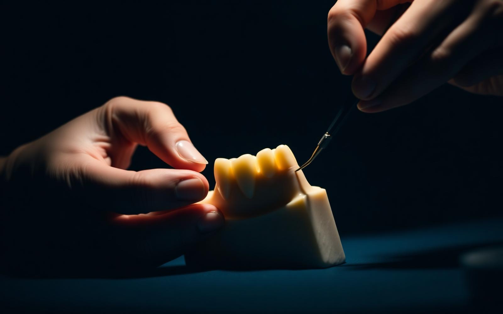 Dentist hands sculpting a posterior tooth model